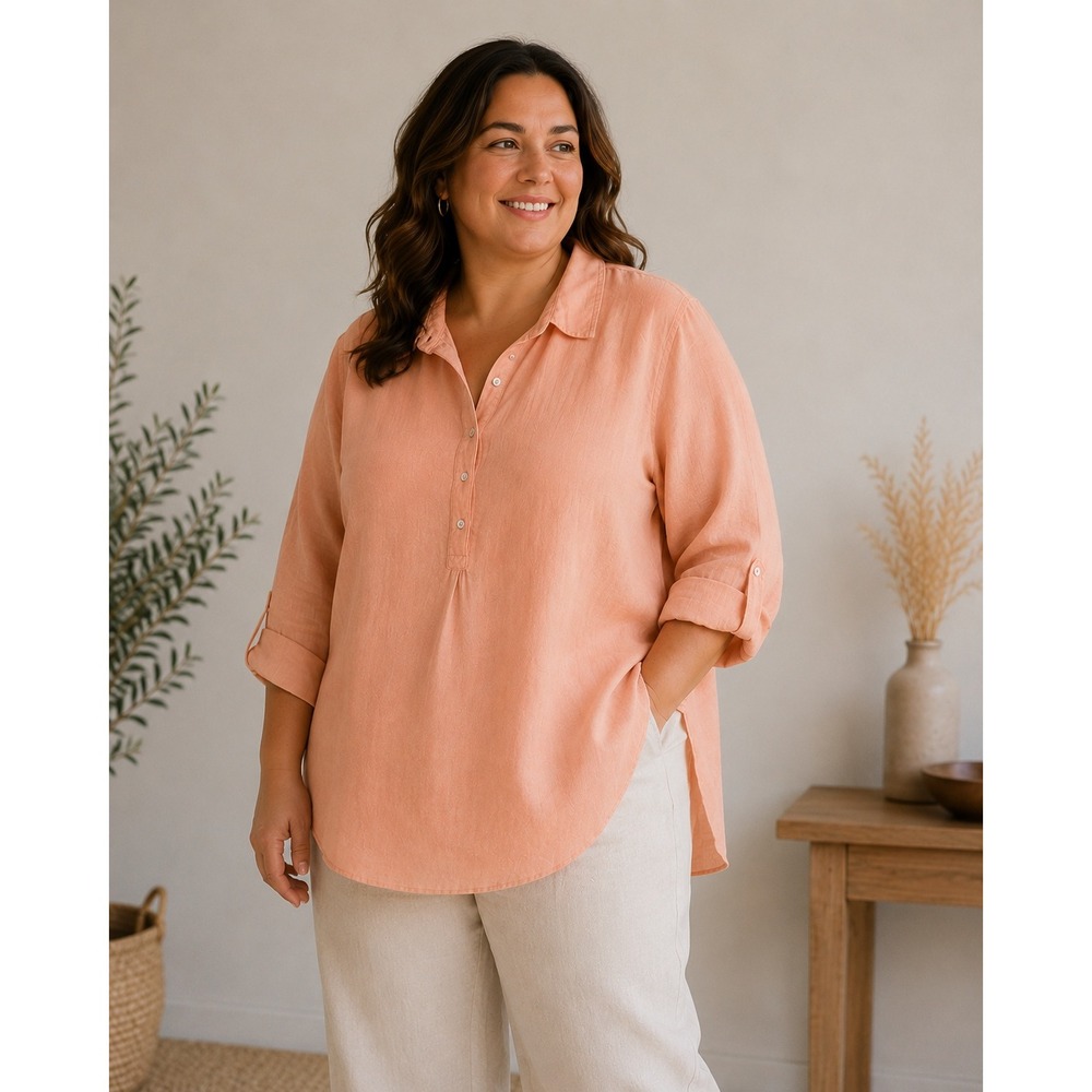 Jones‎ New York Linen Tunic Top Women 2X Peach Roll Tab Sleeve High Low Hem